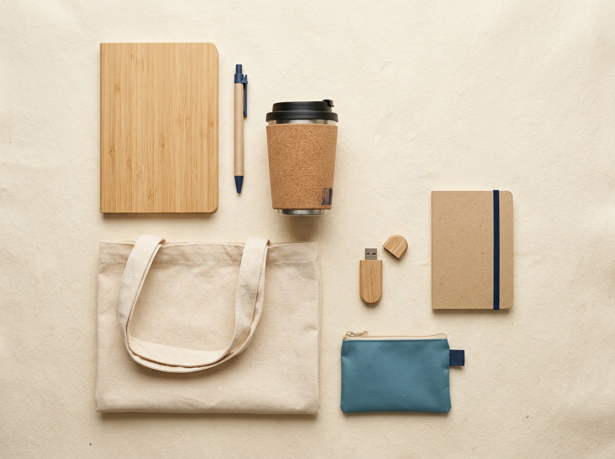 Colección de regalos sostenibles: bambú, corcho, algodón orgánico y materiales reciclados