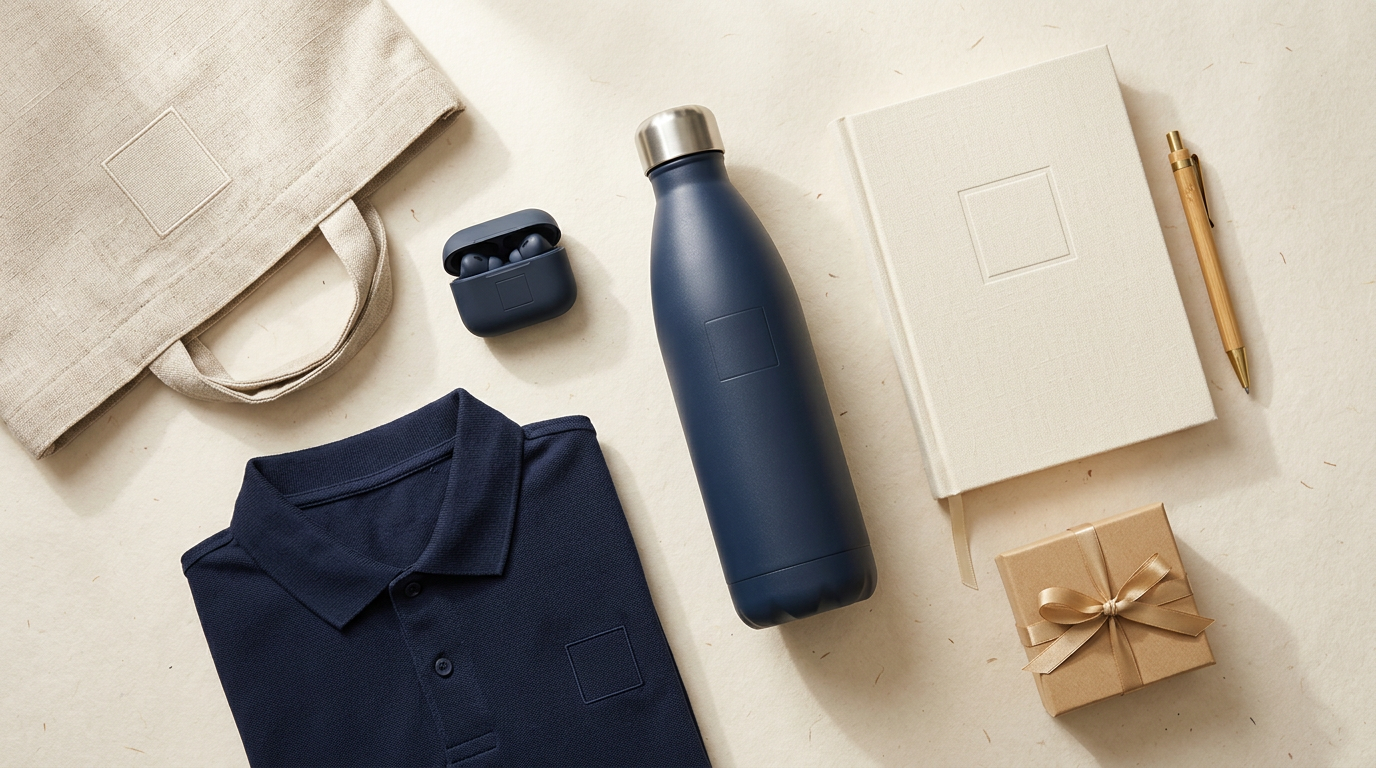 Composición editorial de productos personalizados: botella, libreta, textil, bolsa, caja corporativa y producto tecnológico