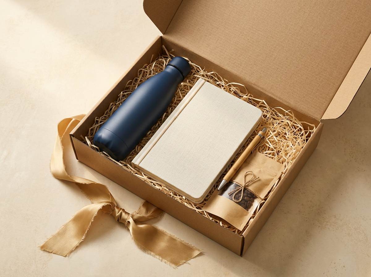 Welcome pack corporativo con productos personalizados en caja kraft